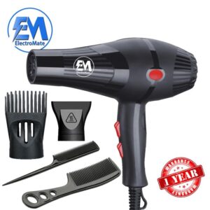 Em ElectroMate Blow Dryer Hair Blower 2200W with 3 Speed & 2 Temperature Settings, Black