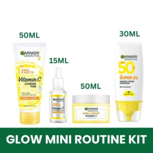 Garnier Even & Matte EVEN GLOW MINI-ROUTINE KIT: Super UV SPF 50 Sunscreen + Water Gel Glow Moisturizer + Day Booster Serum 15ml + Vitamin C Cleanser 50ml.