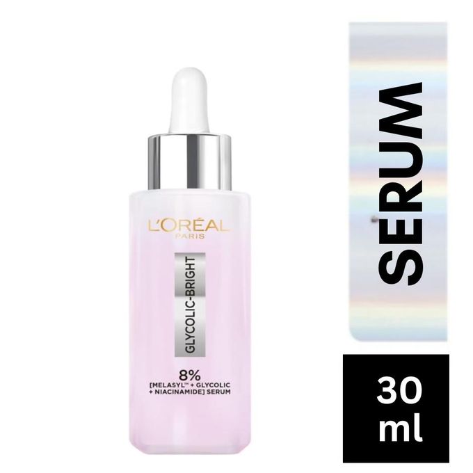 L'Oréal New Glycolic Bright Instant Glowing Serum, 8% Melasyl Glycolic Acid and Anti Dark Spot Face Serum with Niacinamide, for Instant Glow and Skin Brightening - 30ml.